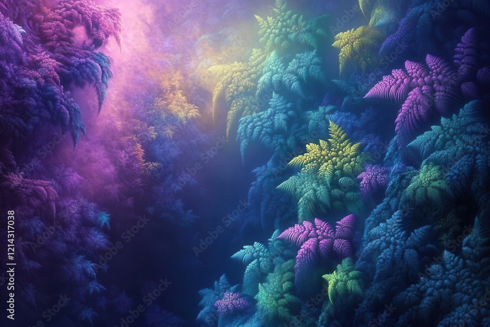 Naklejka premium mystical bioluminescent rainforest scene with fractal patterns in vegetation, ethereal fog, dramatic lighting, hyperdetailed digital art