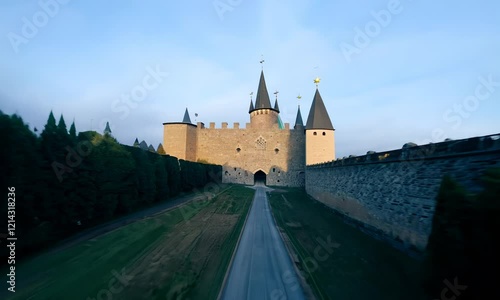 Video of majestic castle in scenic landscape during twilight hours, showcasing its imposing towers and surrounding nature