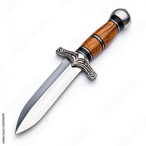 A photostock of a shiny silver dagger with a wooden handle, lying flat against a white background, symbolizing mystery and danger. High Quality
