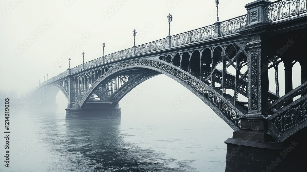 Naklejka premium Historic iron bridge with detailed craftsmanship crossing over a sparkling river, no people