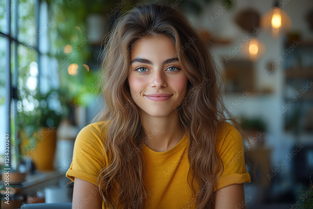 Smiling Woman in Yellow T-Shirt Working on Laptop at a Table in Modern Office, Warm Light, Minimalistic Style with Matte Colors and Blurred Background Smiling Woman in Yellow T-Shirt Working on Laptop at a Table in Modern Office, Warm Light, Minimalistic Style with Matte Colors and Blurred Background