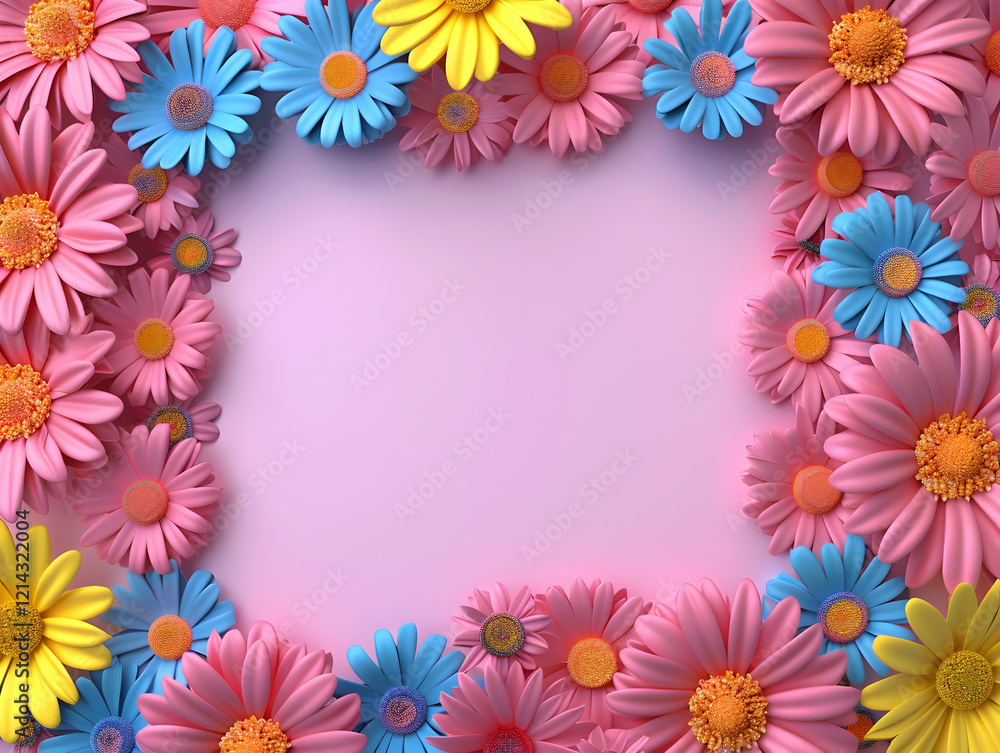 Fototapeta premium A vibrant floral frame with pink, blue, and yellow flowers on a soft pink background.