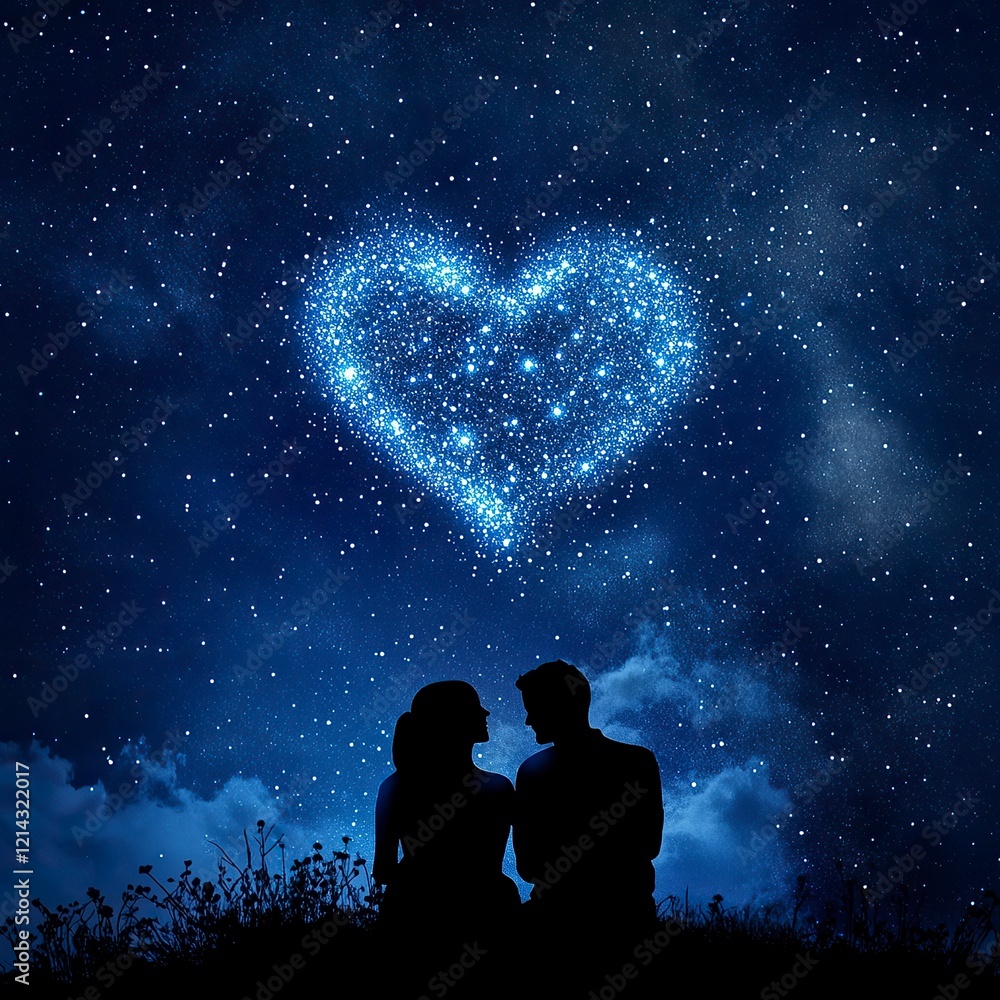 Obraz premium Couple Watching a Starry Sky Silhouette, Valentine’s Day, valentine' silhouette