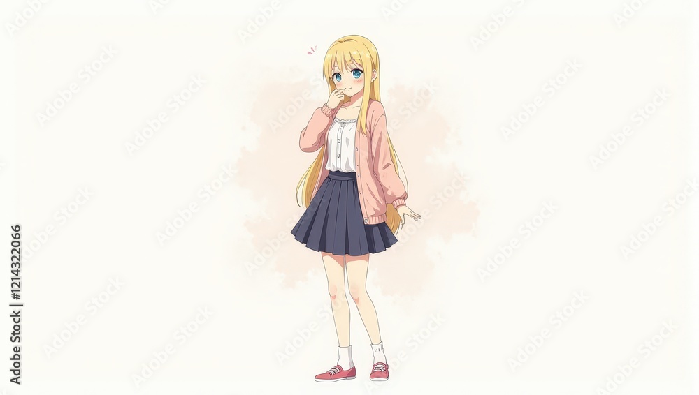An enchanting anime girl stands gracefully; her long blonde hair cascades down a pink jacket over a crisp white shirt. Blue eyes sparkle beneath the light, while white socks pair perfectly with navy b An enchanting anime girl stands gracefully; her long blonde hair cascades down a pink jacket over a crisp white shirt. Blue eyes sparkle beneath the light, while white socks pair perfectly with navy b