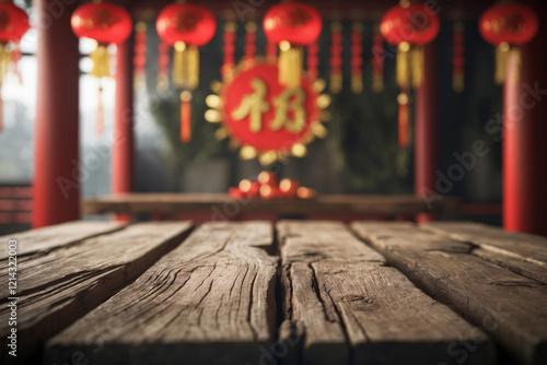 Rustic wooden top table with red Chinese stlye decoration on background, Chinese new year festive photo