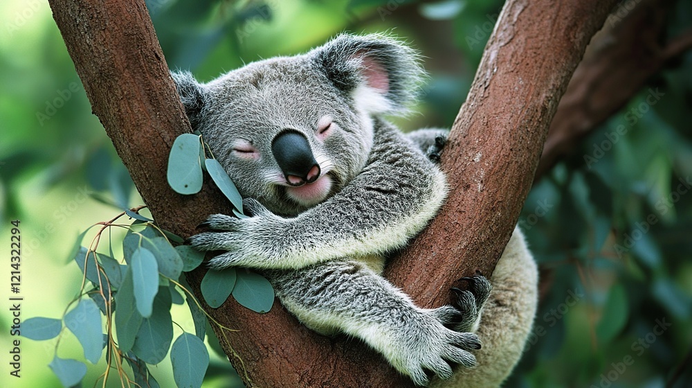 Obraz premium Sleepy koala bear hugging tree trunk, eucalyptus leaves.