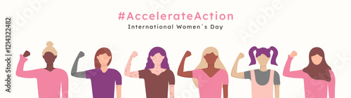 Pink violet Accelerate Action 2025 banner template with diverse multicultural women with hands raised up. International Women's day AccelerateAction. Modern flat holiday IWD background