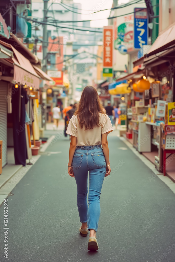 Fototapeta premium A woman walking down a narrow street in a city