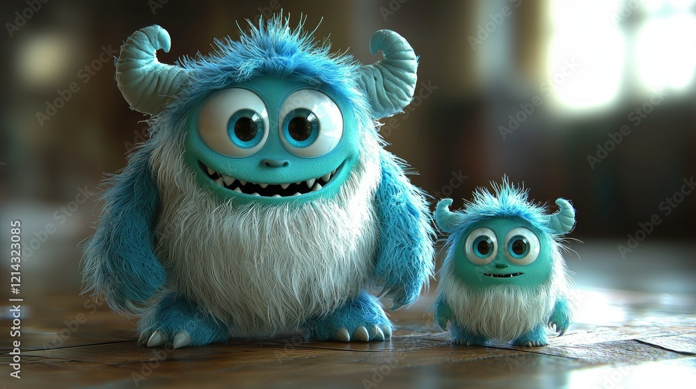 Fototapeta premium Two Adorable Fuzzy Blue Monsters Standing Together