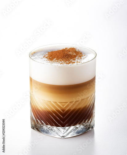 The photo shows a B-52 cocktail consisting of three layers – coffee liqueur, cream liqueur and orange liqueur – beautifully arranged in a low glass on a white background. photo