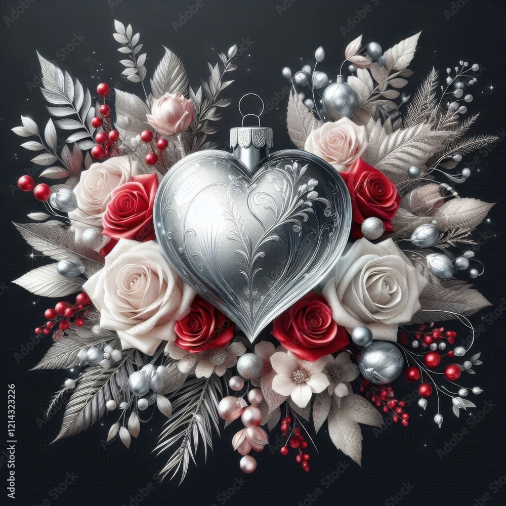 Εκτύπωση καμβά 3D silver glass heart surrounded red and white roses, Valentines greeting card