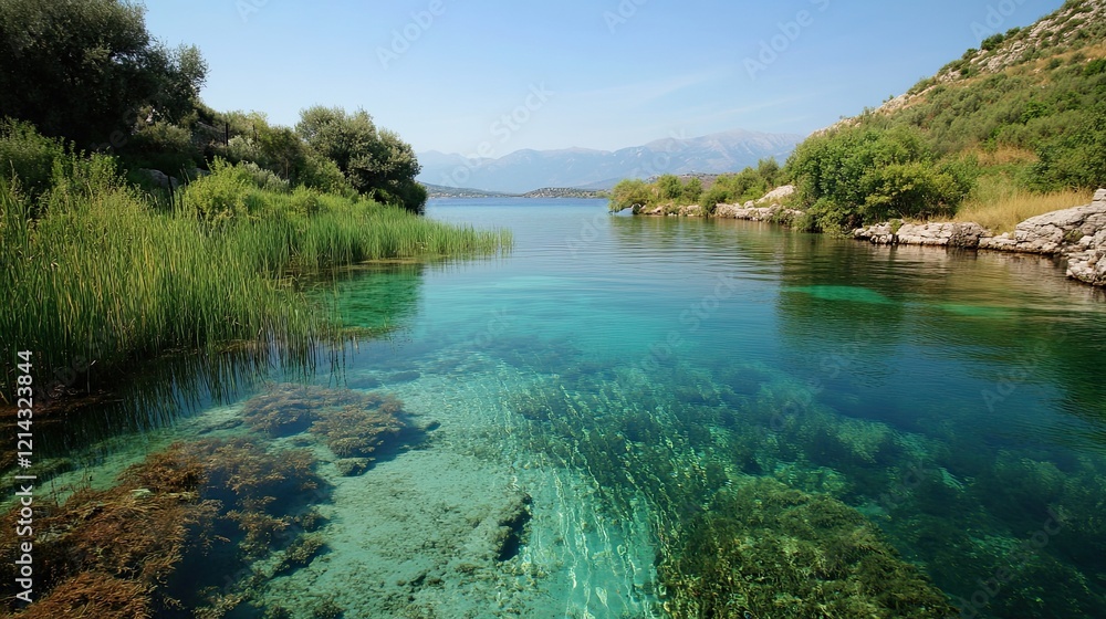 Naklejka premium Crystal-clear river flows to turquoise lake, mountains backdrop, summer day, nature scene, travel
