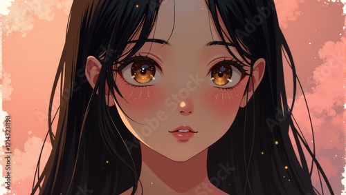 Anime girl with long black hair and expressive brown eyes gazes confidently at the camera, adorned with a subtle nose ring and nude lips. Set against a vibrant backdrop of soft pink with whimsical whi photo