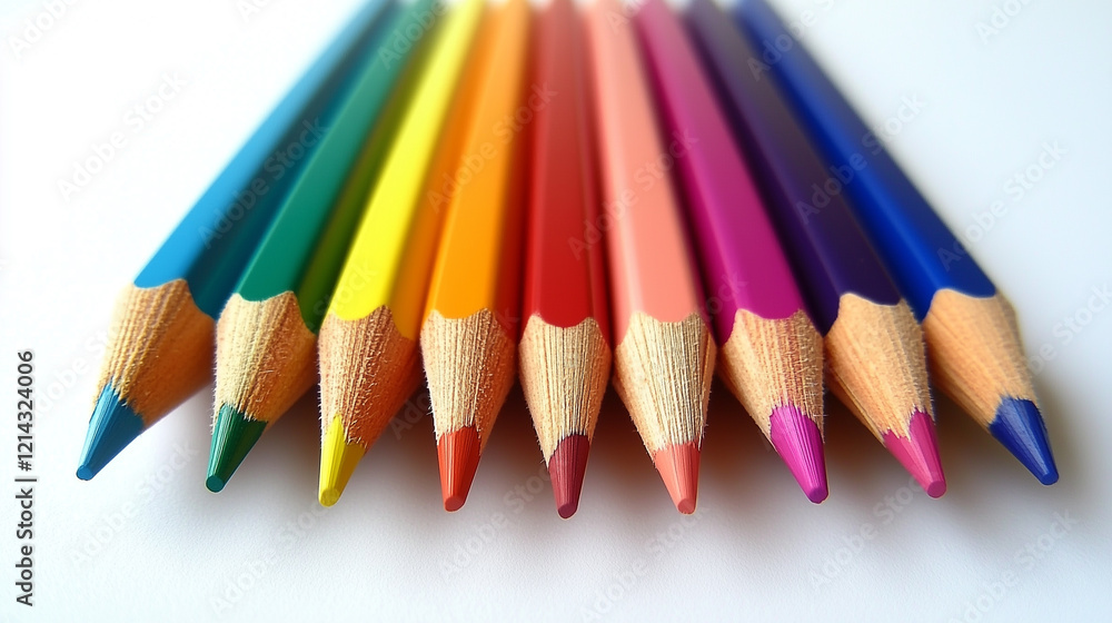A collection of colorful pencils arranged in a row, their sharp tips pointing towards camera. A collection of colorful pencils arranged in a row, their sharp tips pointing towards camera.