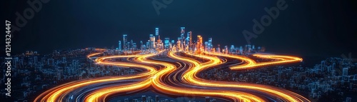 Anti-Money Laundering AML concept. Winding road illuminated by city lights at night.