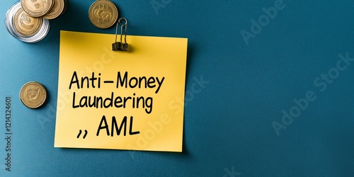 Anti-Money Laundering AML concept. Sticky note on blue background with coins, labeled Anti-Money Laundering.
