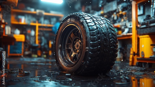 Close-up of a tire balancing machine working on a car wheel in a garage, showcasing the mechanics behind tire alignment and repair. photo