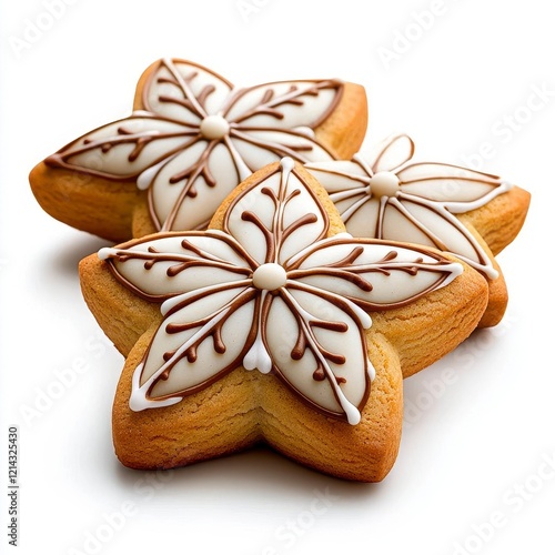 A photostock of decorative gingerbread star cookies with intricate icing designs, placed on a plain white background, symbolizing holiday and festive cheer. High Quality photo