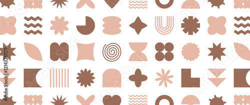 Geometric shape retro seamless pattern, y2k background mocha mousse color, modern funky print, simple groovy element repeat, futuristic form. Trendy colors 2025 year. Abstract vector illustration