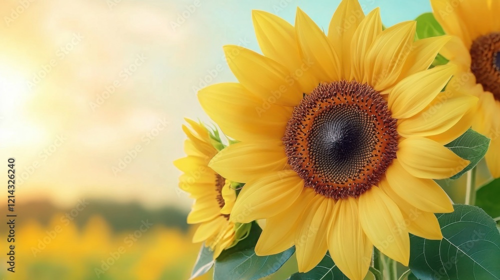 Obraz premium A vibrant close-up of large sunflowers facing the golden light of a setting sun