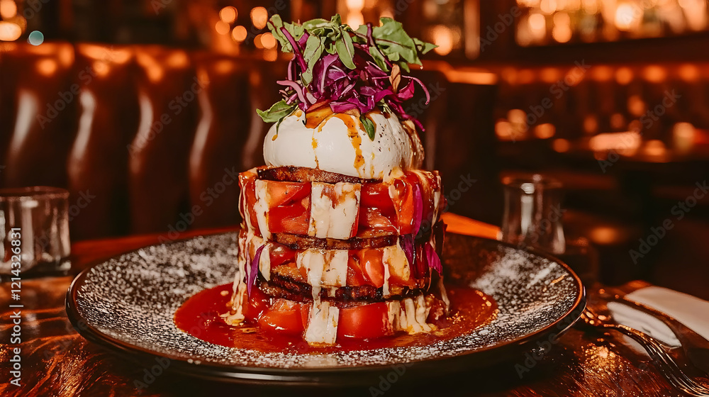 A stacked dish featuring layers of tomatoes, topped with herbs and a creamy element. A stacked dish featuring layers of tomatoes, topped with herbs and a creamy element.