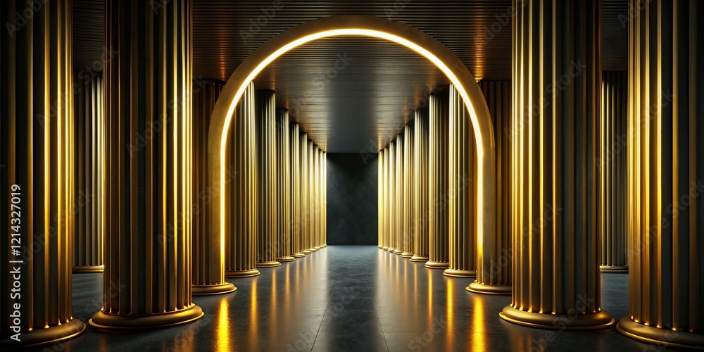 Obraz premium Golden Columns Frame Oval Opening Black Wall - Long Exposure Architectural Photography