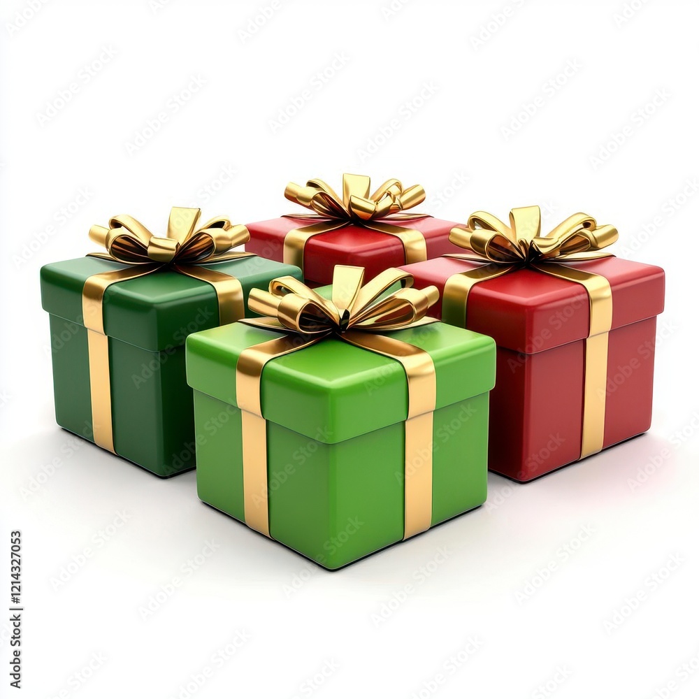 Obraz premium A photostock of gift boxes in red, green, and gold with decorative ribbons, placed neatly on a clean white background, symbolizing celebration and festivity. High Quality