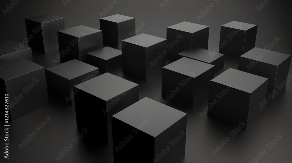 Abstract background of black cubes scattered across a dark surface. Abstract background of black cubes scattered across a dark surface.