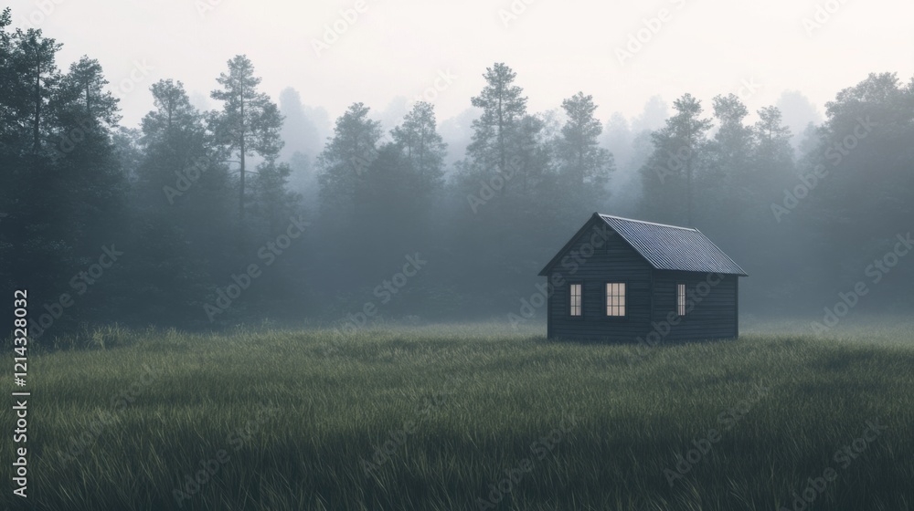 Lonely cabin in a misty forest field at dawn. Lonely cabin in a misty forest field at dawn.