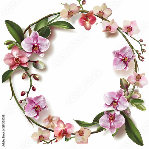 A decorative circular arrangement of colorful orchids with green leaves.
