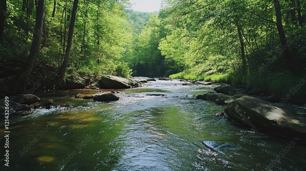 Obraz premium Serene forest stream flowing through lush greenery. Nature background for travel or relaxation