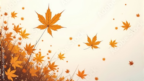 A serene cluster of vibrant orange maple leaves hovers gracefully above a soft, light gray backdrop, capturing the enchanting essence of autumn in a tranquil moment photo