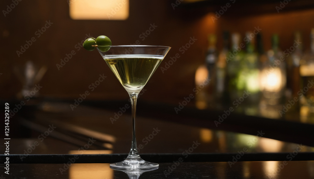 Classic martini with green olive in a sleek glass on a black bar Classic martini with green olive in a sleek glass on a black bar
