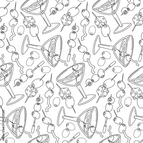 martini glass pattern with olives on skewers. Seamless variety of sticks with strung berries. Olives strung on a skewer float in a glass with a drink. An exquisite drink. Contour illustration on white