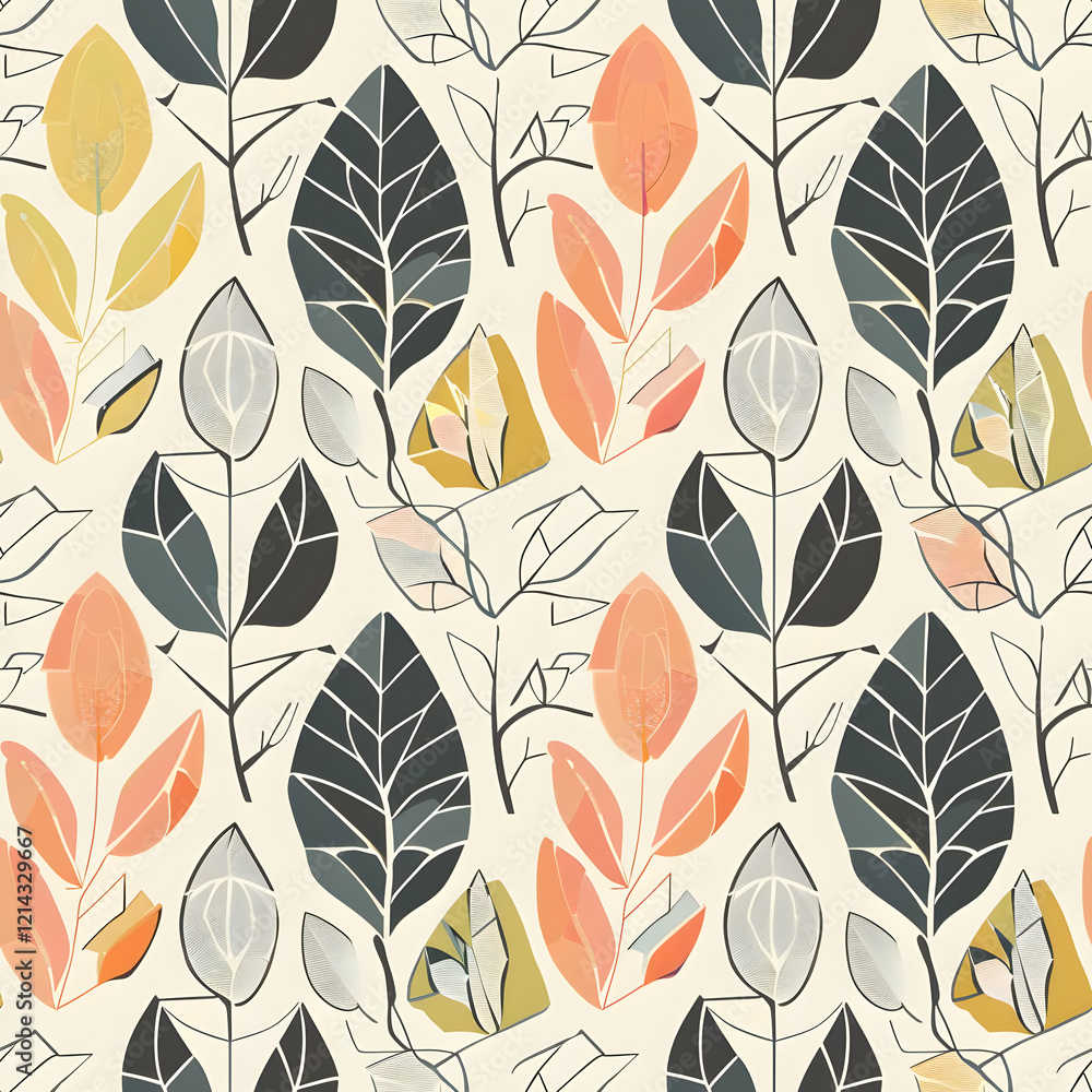 Obraz premium A seamless pattern featuring stylized leaves in various colors and shapes.