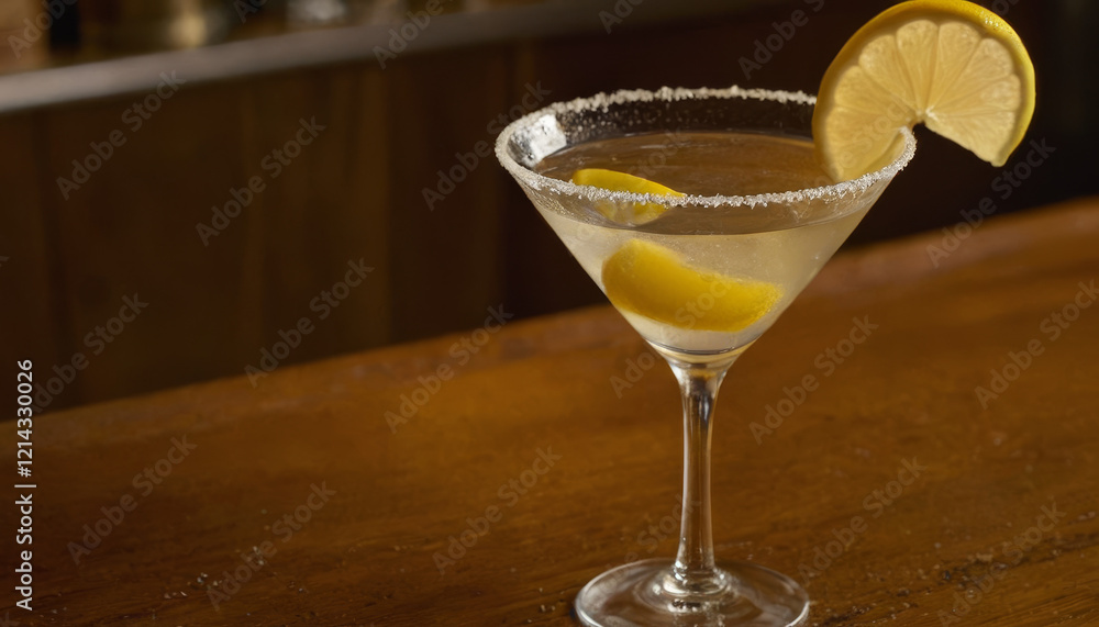 Martini glass with condensation and lemon twist on a wooden table Martini glass with condensation and lemon twist on a wooden table