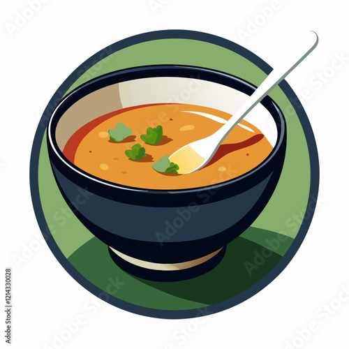 Bowl of soup with a spoon on a green background
