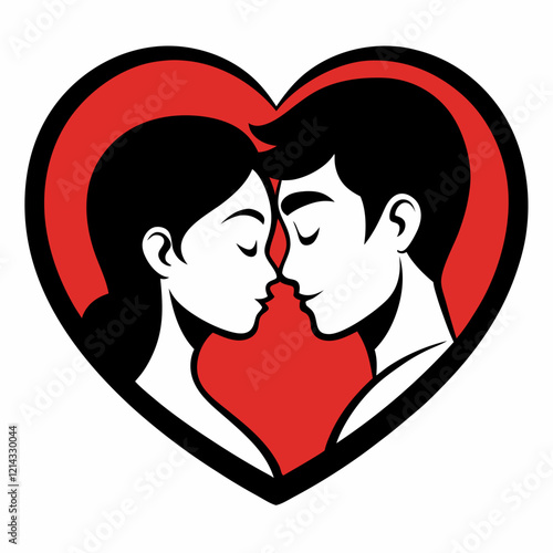 Couple sharing a romantic kiss within a heart shape design