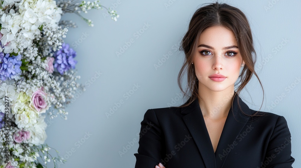 Confident woman portrait, floral backdrop, studio Confident woman portrait, floral backdrop, studio