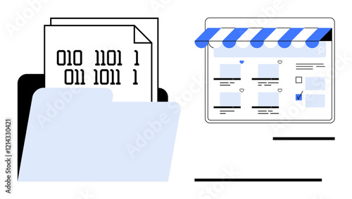 Digital folder with binary code documents next to an online e-commerce storefront. Ideal for data management, online shopping, digital marketing, information storage, software development, internet