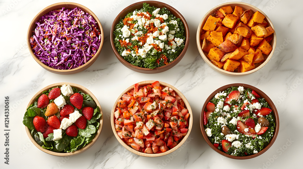 A selection of healthy salads in decorative bowls. A selection of healthy salads in decorative bowls.