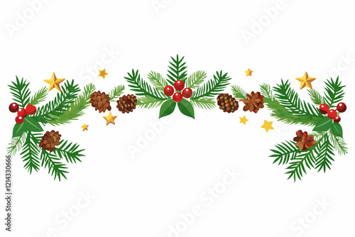 Christmas pine border with holly and stars on white background
