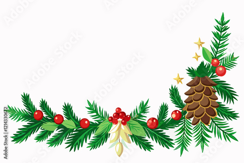 Christmas pine border with festive decorations on white background