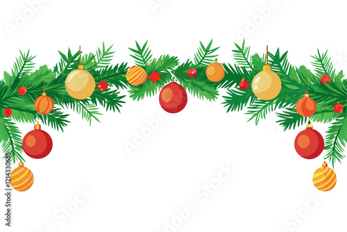 Christmas pine border with colorful ornaments for festive decor