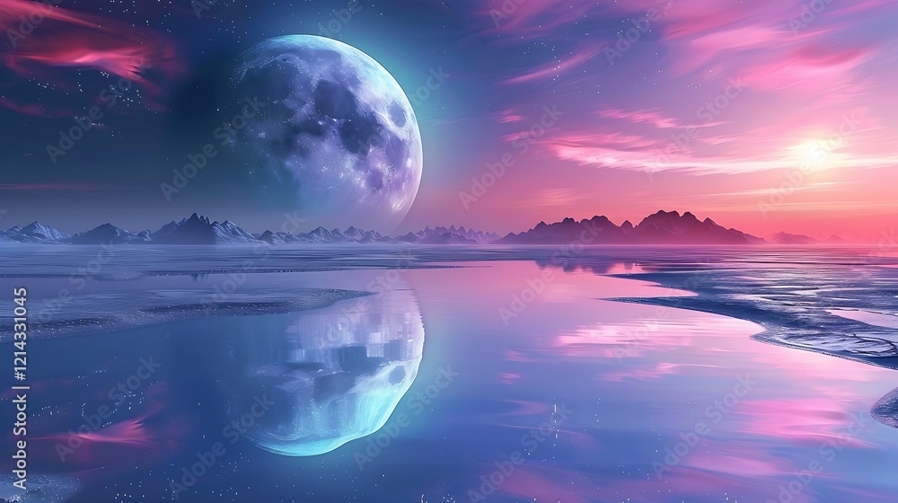 A frozen alien ocean reflecting a brilliant aurora in the sky above A frozen alien ocean reflecting a brilliant aurora in the sky above