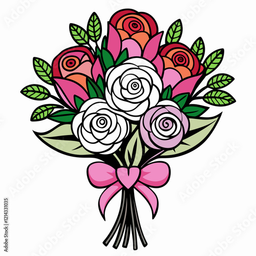 Elegant wedding bouquet illustration with roses and decorative leaves