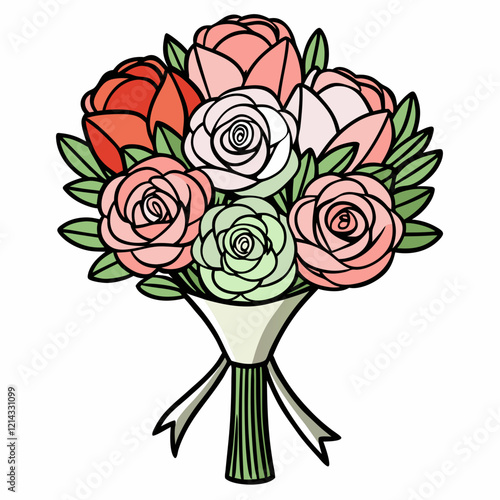 Elegant wedding bouquet design with colorful roses in a simple outline