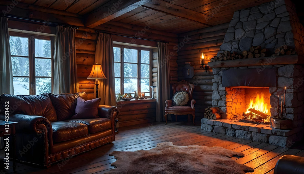 Φωτογραφία Interior of a cozy room in a country house in a rustic style, decorated with wood with a burning fireplace