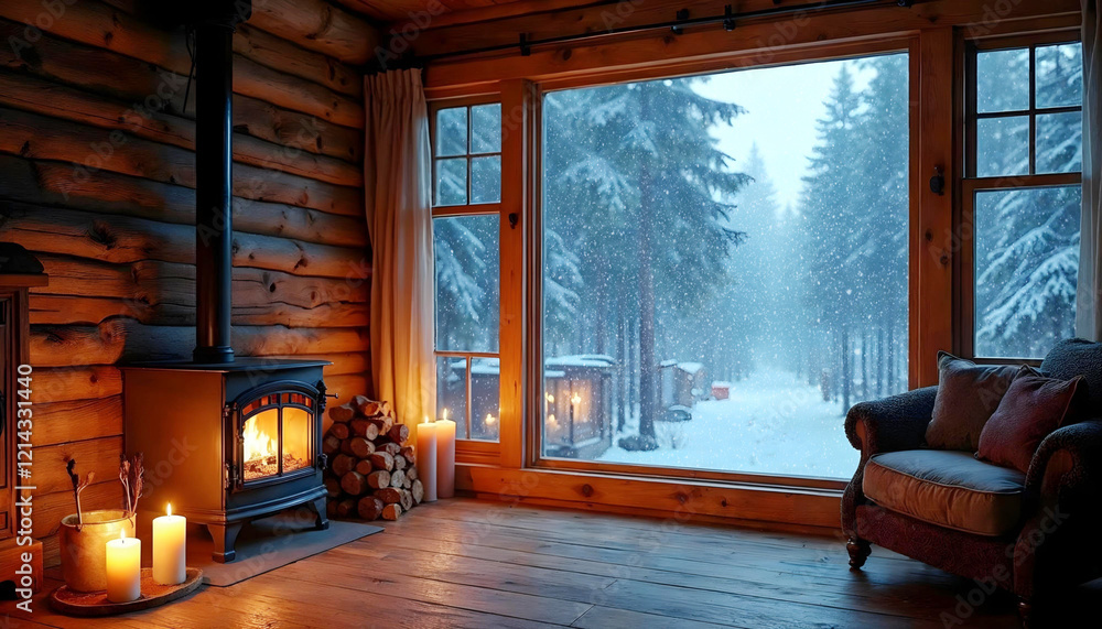 Fototapeta premium Interior of a cozy room in a country house in a rustic style, decorated with wood with a burning fireplace. Outside the windows is a snowy winter landscape. 