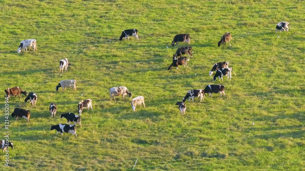 Milk cows grazing on green farm pasture. Feeding of cattle on farmland grassland Milk cows grazing on green farm pasture. Feeding of cattle on farmland grassland